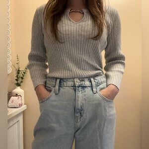 INC International Concepts Light Gray Ribbed V-Neck Sweater